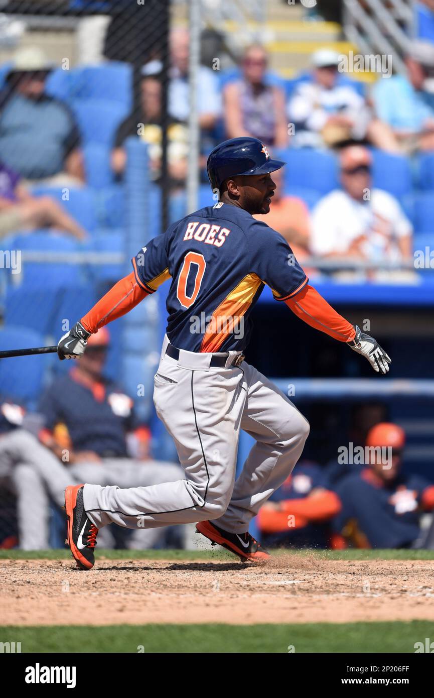 Houston Astros outfielder L.J. Hoes (28) during a spring training game  against the Miami Marlins on March 21, 2014 at Osceola County Stadium in  Kissimmee, Florida. Miami defeated Houston 7-2. (Mike Janes/Four