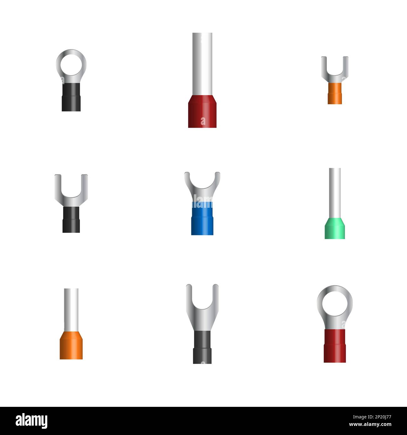 Set of different cable lugs isolated on white background. 3D vector illustration, front view. Stock Vector
