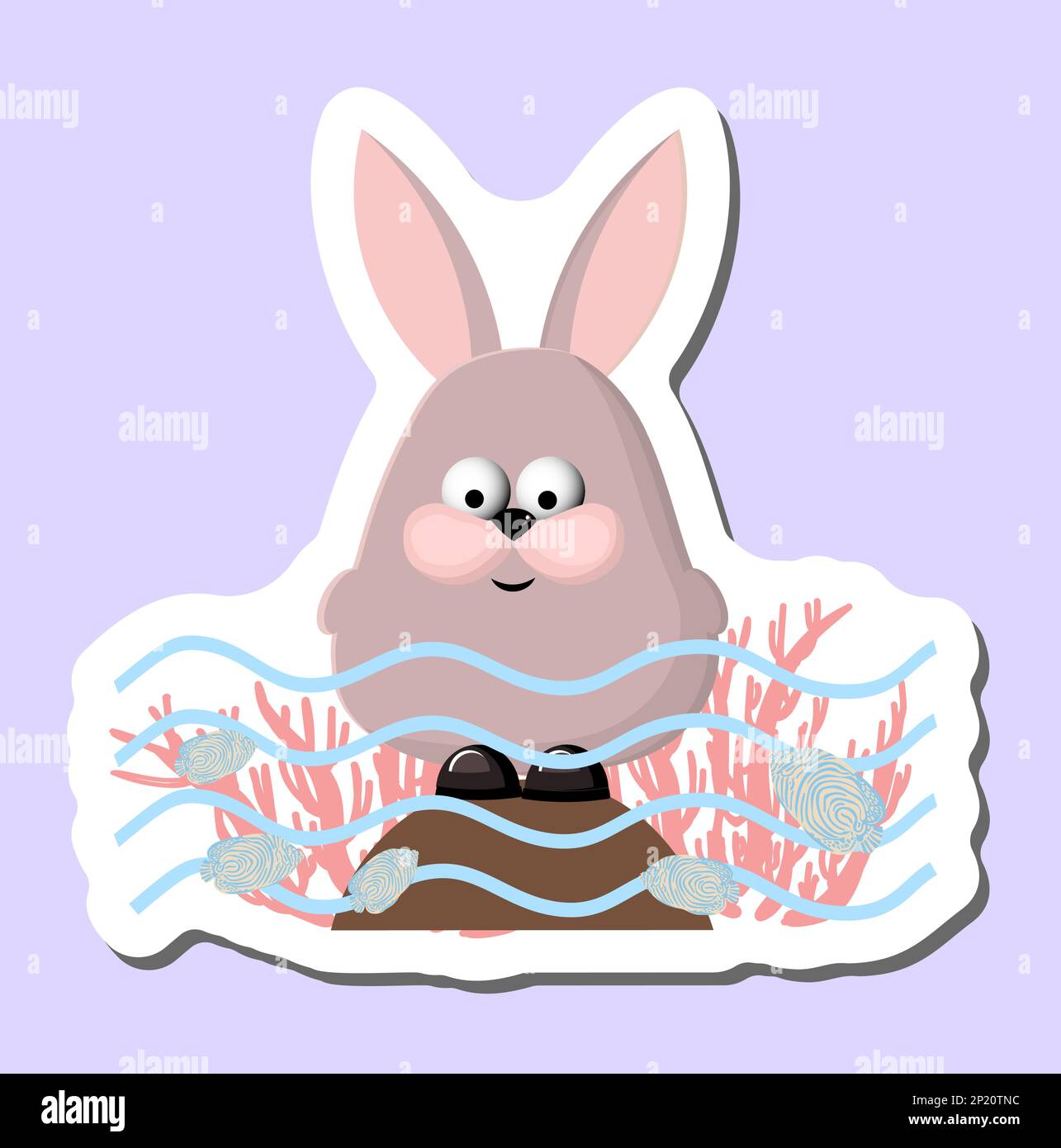 Cheerful funny rabbit on the beach. Bunny in the lake. spring sticker ...