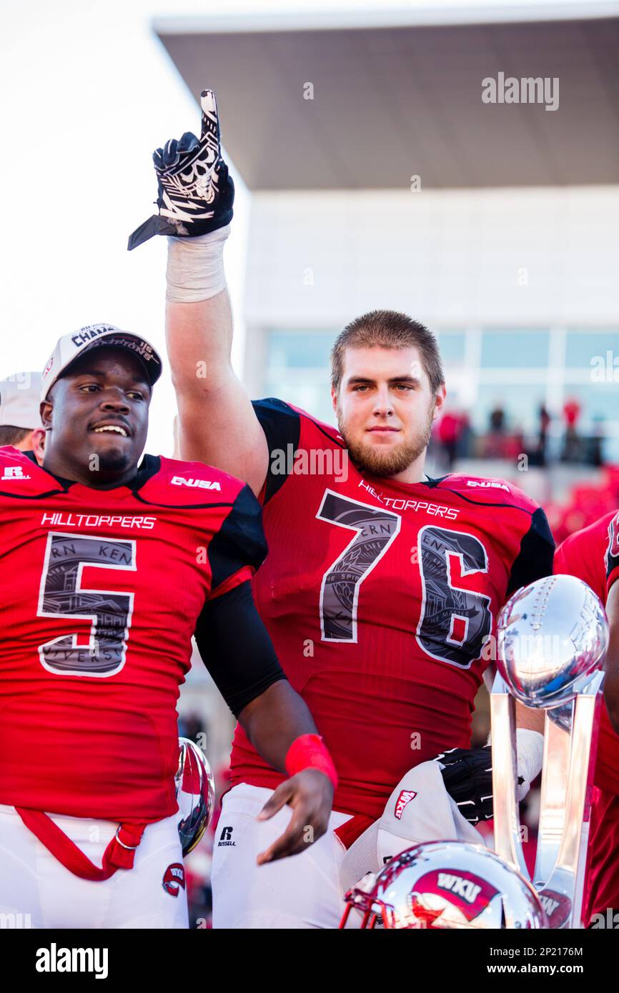 05 December 2015: Western Kentucky left tackle Forrest Lamp (76) shows that  WKU is number one at the C-USA Championship Game between Southern Miss and  Western Kentucky. Western Kentucky wins the championship