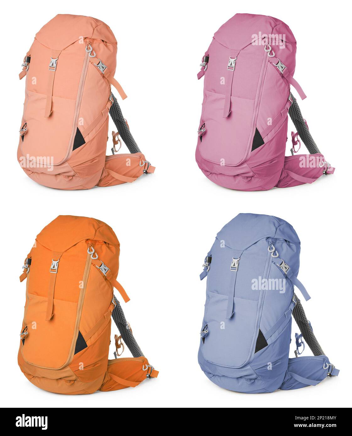 Different hiking backpacks on white background, collage Stock Photo Alamy