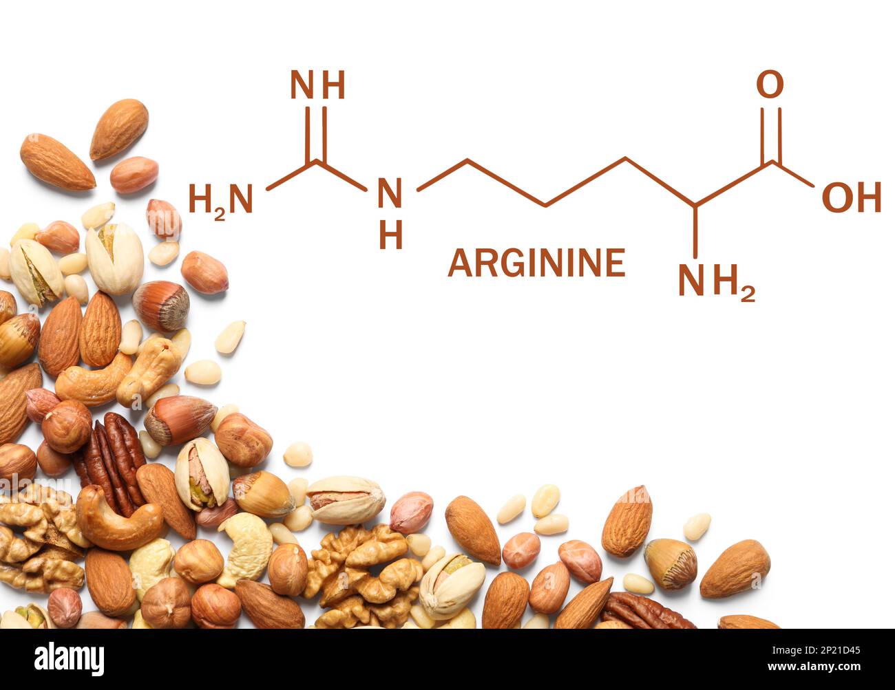 Different delicious nuts on white background, flat lay. Sources of essential amino acids Stock