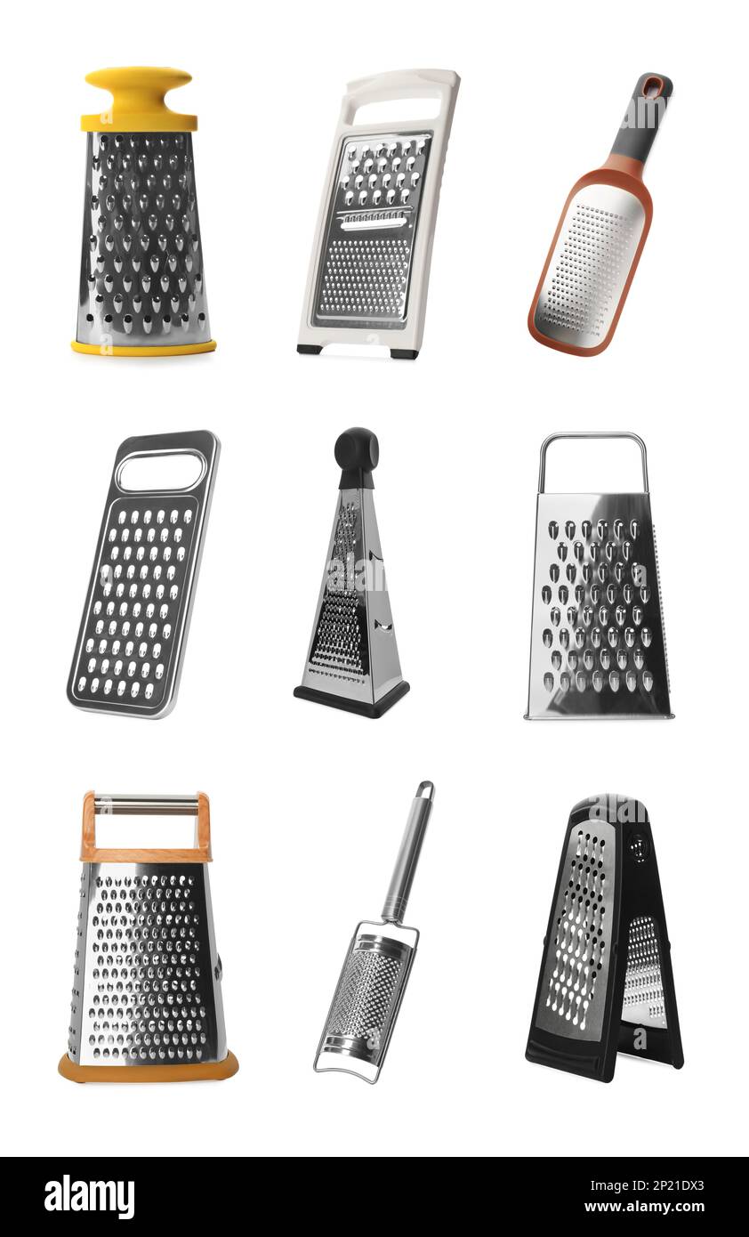Set with different graters on white background Stock Photo Alamy