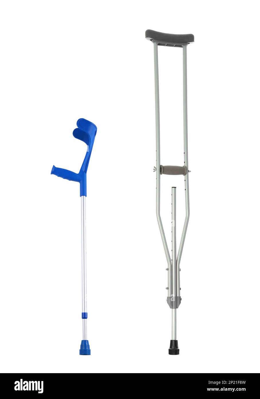 Two different crutches on white background, collage Stock Photo Alamy