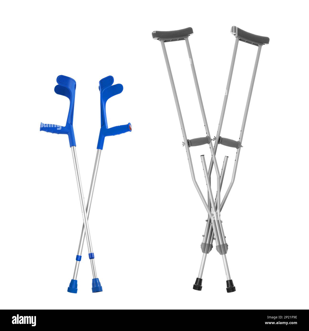 Two different crutches on white background, collage Stock Photo Alamy