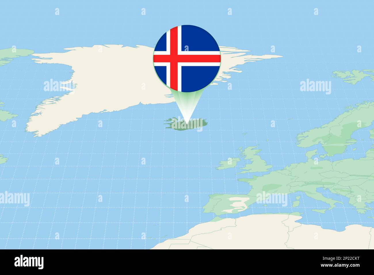 Map illustration of Iceland with the flag. Cartographic illustration of Iceland and neighboring countries. Vector map and flag. Stock Vector