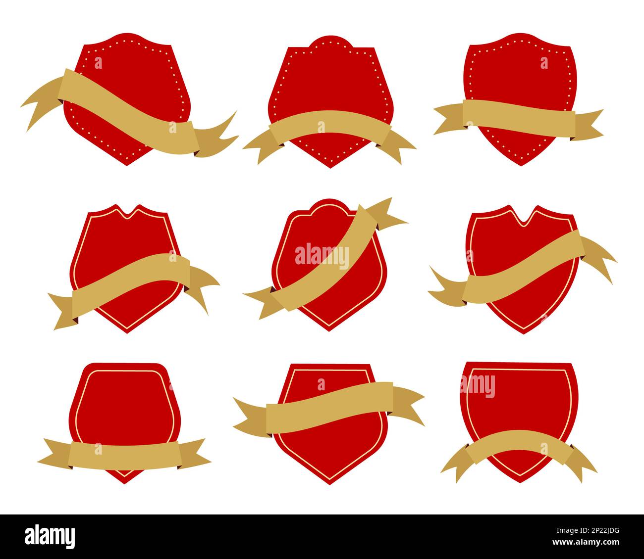 Collection of Red Blank Badge or Shield Shape with Golden Ribbons Stock