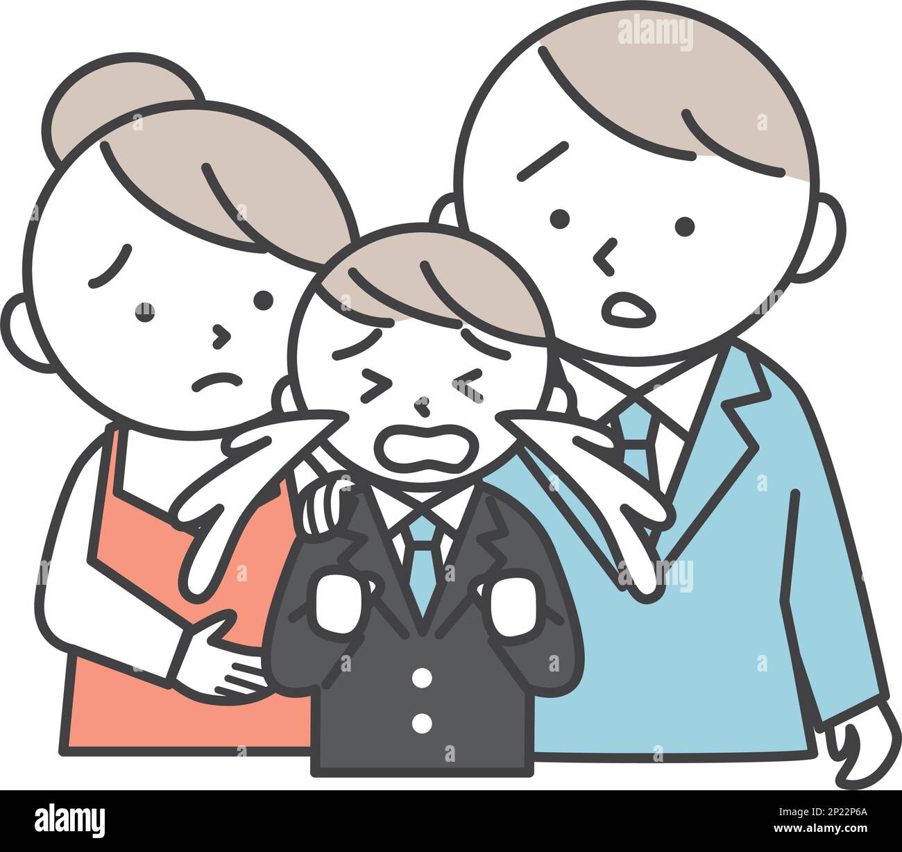 Crying male student in a blazer uniform and parents worried about him. Family illustration of son and parents. Simple style illustrations with outline Stock Vector