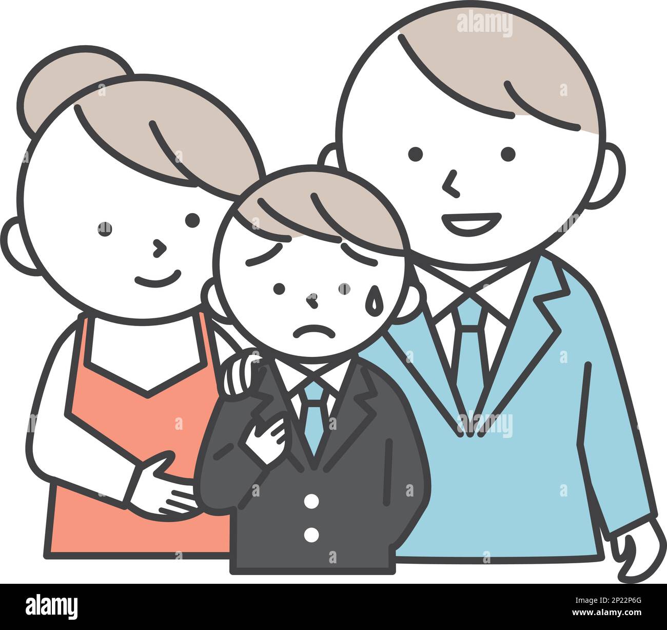 A worried male student in a blazer uniform and his parents encouraging him. Family illustration of son and parents. Simple style illustrations with ou Stock Vector