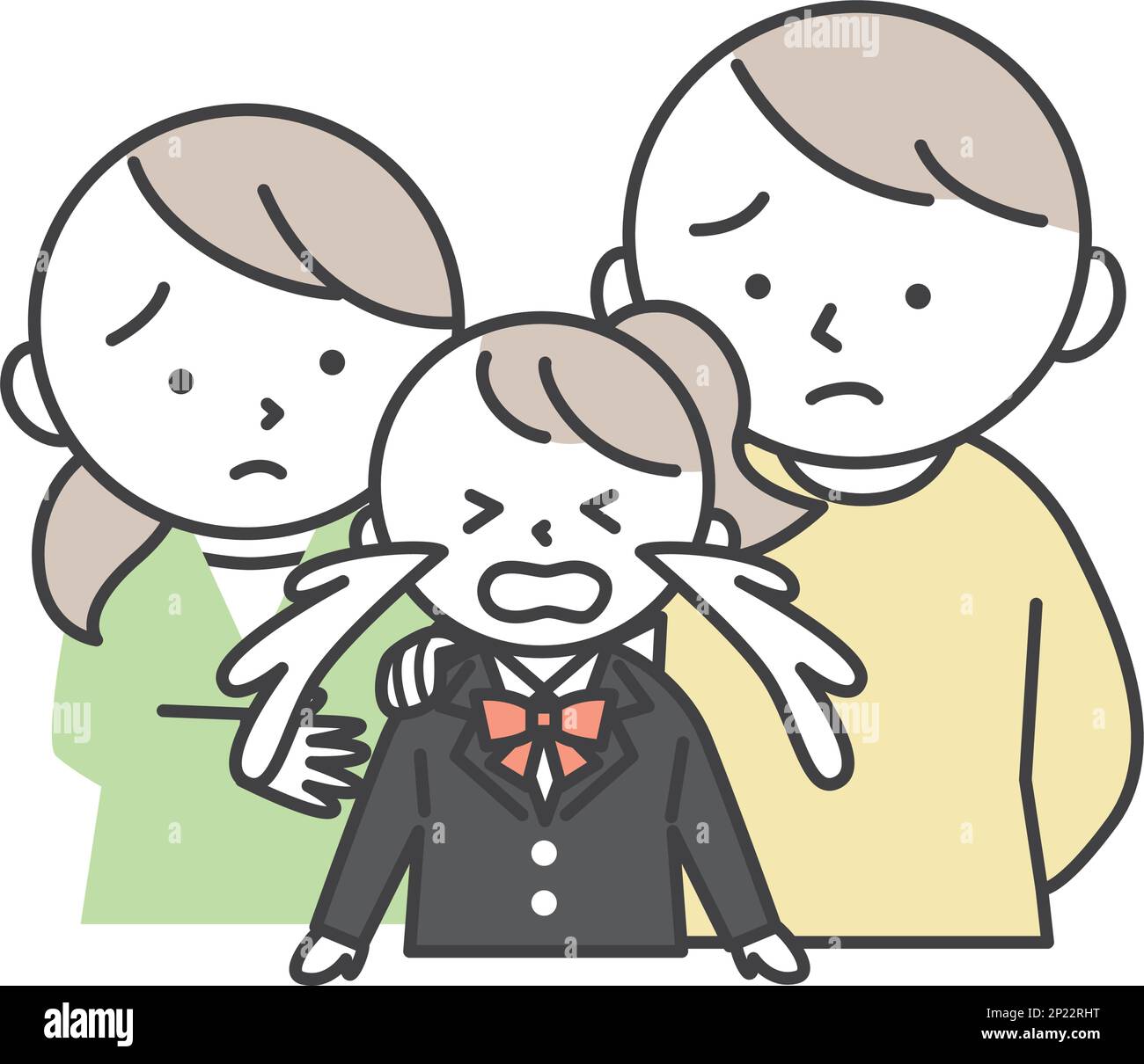 A female student in a blazer uniform crying and her parents worried about her. Family illustration of daughter and parents. Simple style illustrations Stock Vector