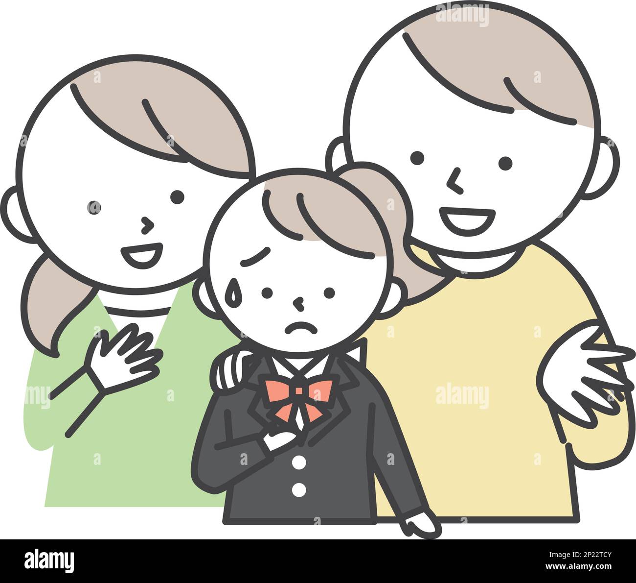 A worried female student in a blazer uniform and her parents encouraging her. Family illustration of daughter and parents. Simple style illustrations Stock Vector