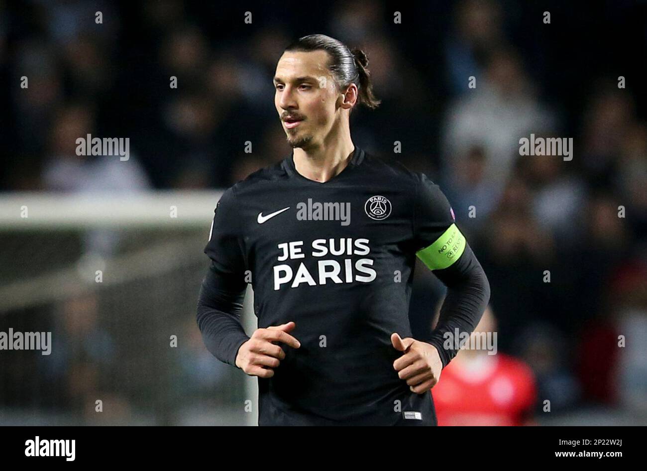 Paris SG's Zlatan Ibrahimovic wears the Je Suis Paris jersey during the  Champions League Group A soccer match between Malmo FF and Paris  Saint-Germain FC at Malmo New Stadium in Malmo, Sweden,