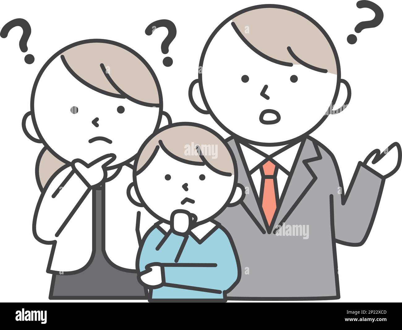 A boy and his parents with a troubled expression with a question mark on their head. Illustration of elementary school son and parents. Simple style i Stock Vector