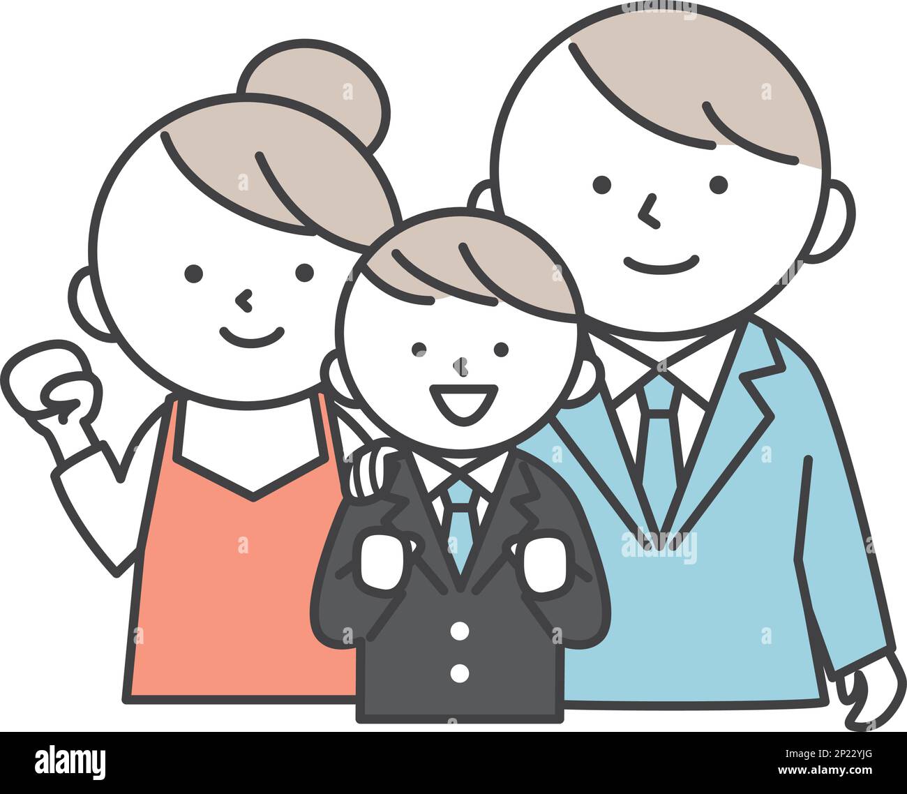 A smiling male student in a blazer uniform and his parents. Family illustration of son and parents. Simple style illustrations with outlines. Stock Vector