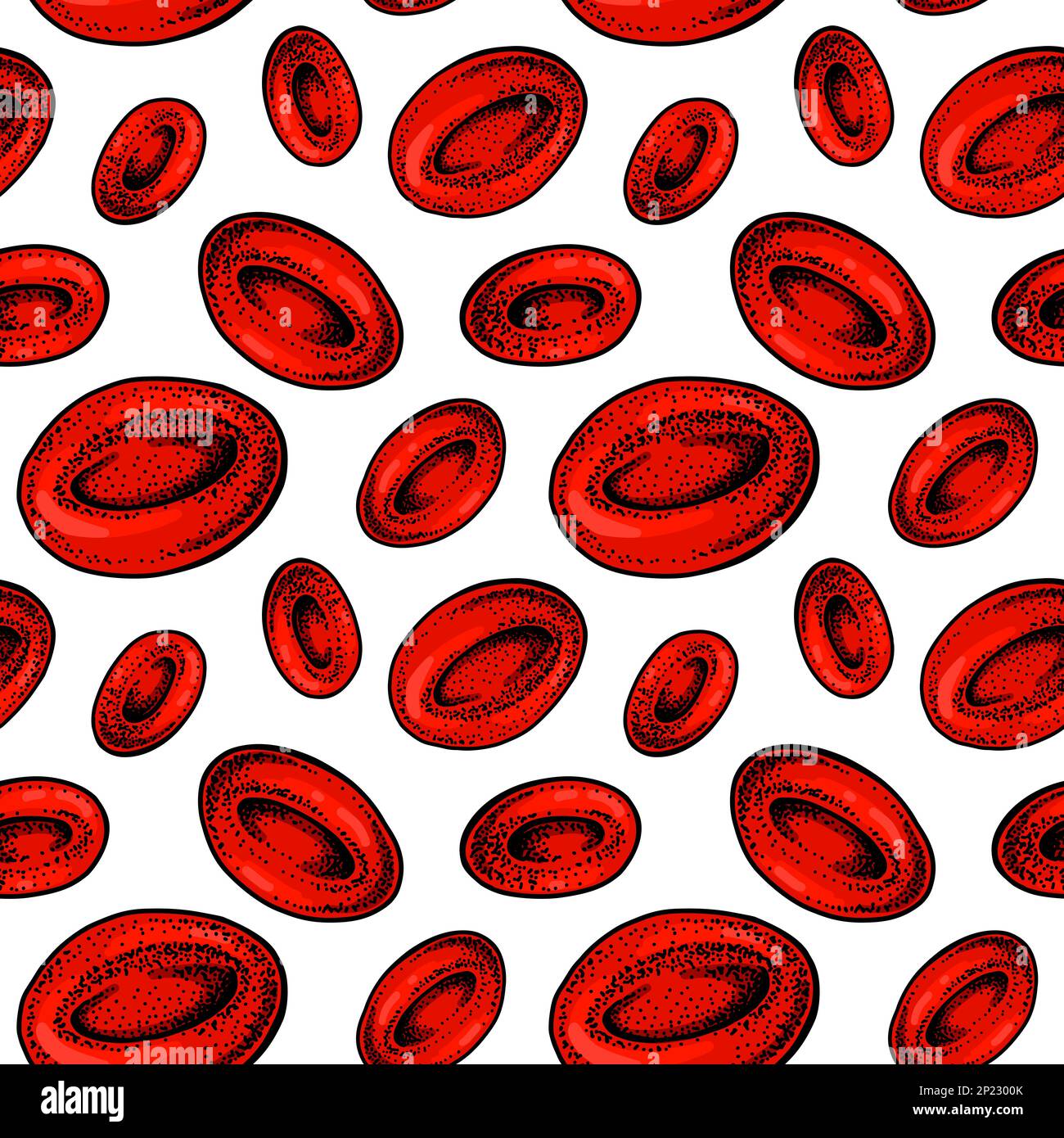Red Blood cells seamless pattern. Hand drawn erythrocytes. Scientific biology illustration in sketch style Stock Vector