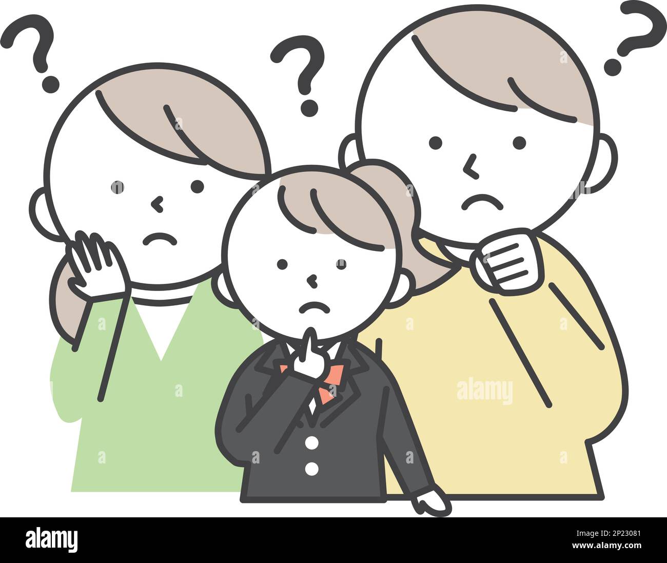 A female student with a worried expression wearing a blazer uniform and her parents. Family illustration of daughter and parents. Simple style illustr Stock Vector