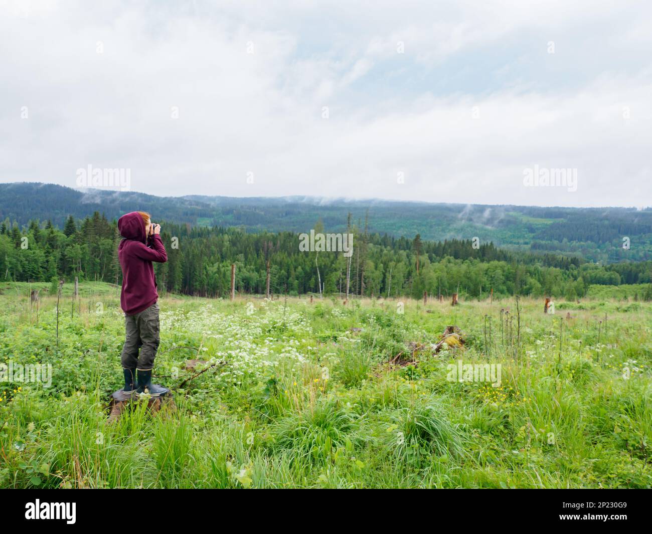 Axland, Sweden - June 2021: Tourist on the Swedish trekking routes during the rainy day. Northern Europe Stock Photo