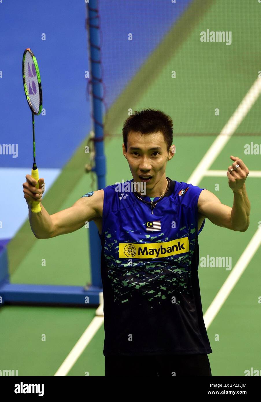 Datuk Lee Chong Wei of Malaysia celebrates after defeating Tian Houwei of China in their mens singles final match during the Hong Kong Open Badminton Championships 2015 in Hong Kong, China, 22
