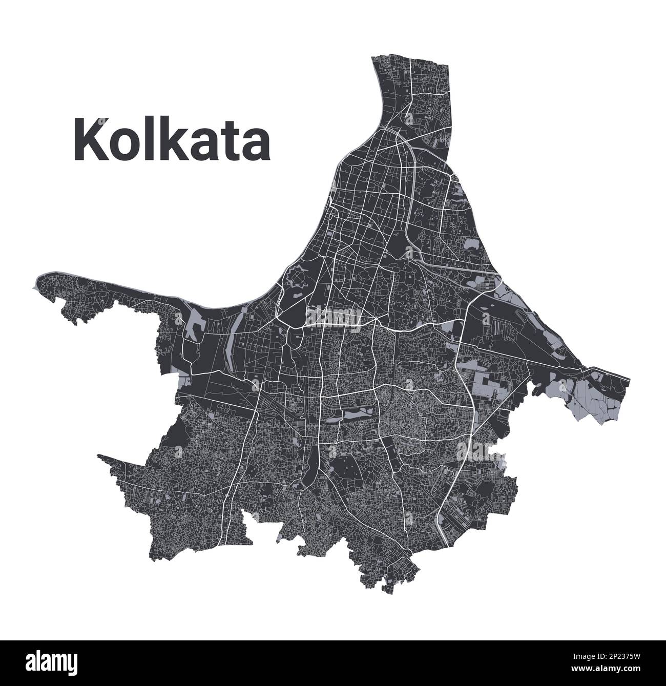 Kolkata map. Detailed vector map of Kolkata city administrative area. Cityscape poster metropolitan aria view. Black land with white roads and avenues Stock Vector