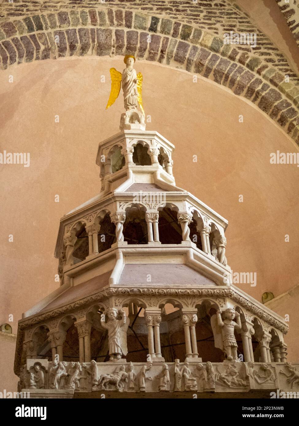 Detail of the sotne carved ciborium of Kotor Cathedral Stock Photo