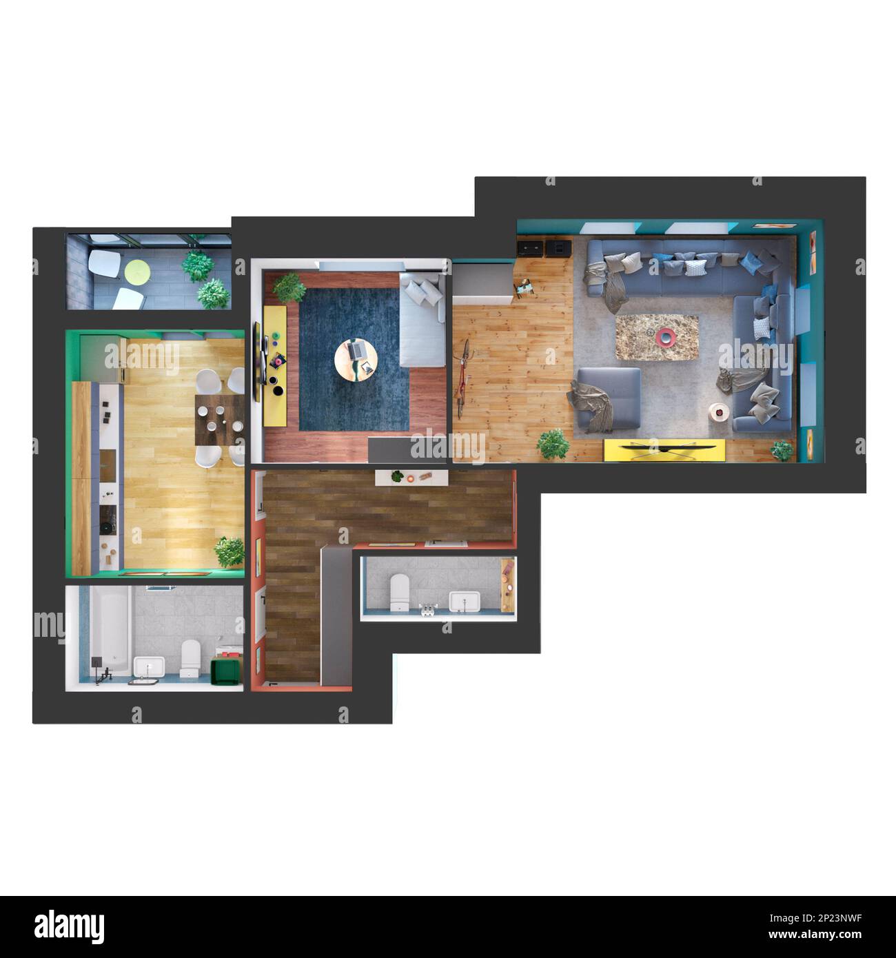 3d render plan and layout of a modern colorful two bedroom apartment