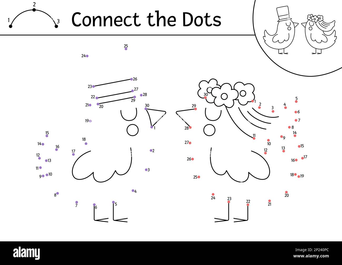 Vector dot-to-dot and color activity with cute just married birds couple. Wedding connect the dots game for children with animal bride and groom. Marr Stock Vector
