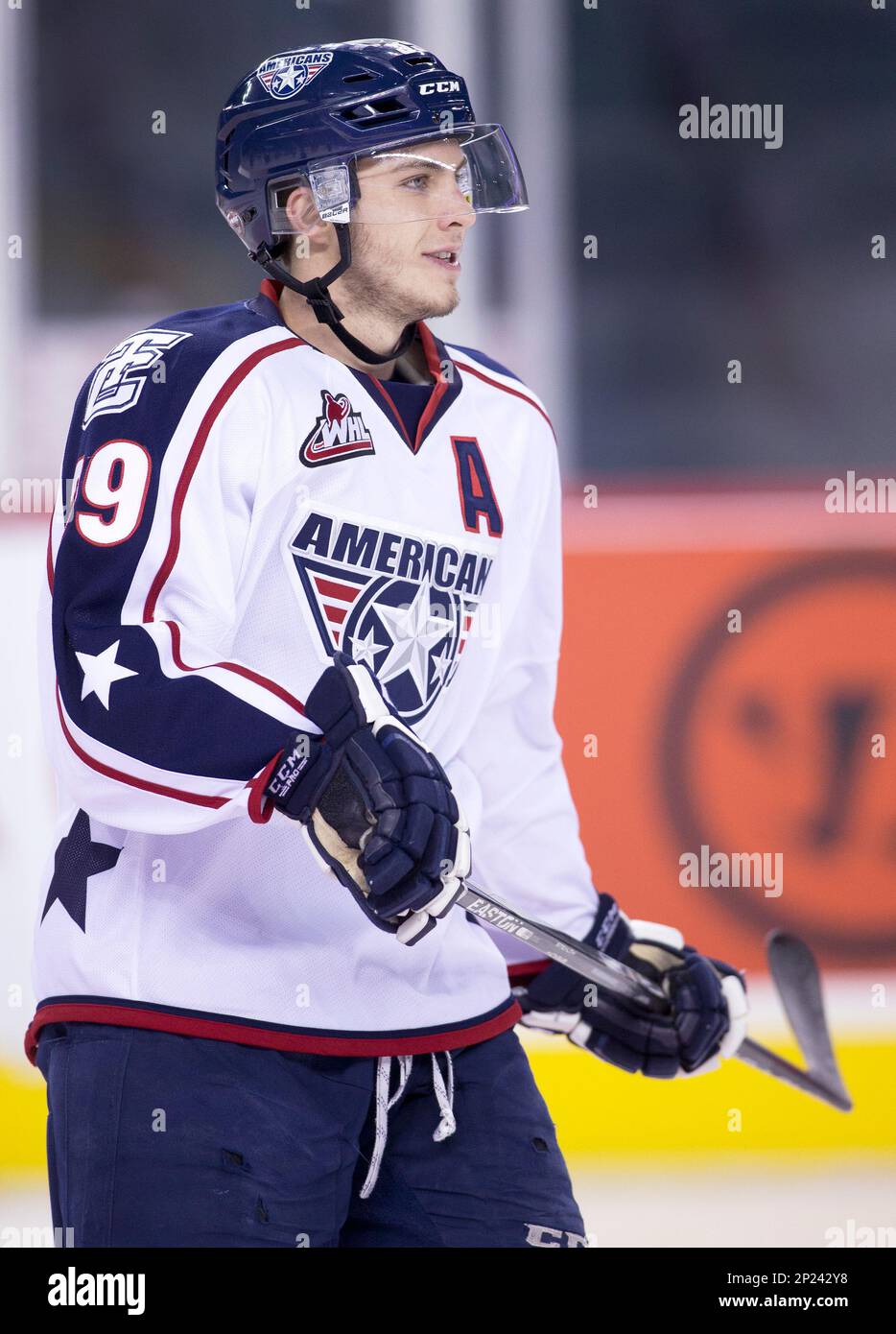 WHL (Western Hockey League) player profile photo on Tri-City Americans Parker Bowles during a WHL hockey game against the Calgary Hitmen in Calgary, Alberta on Nov