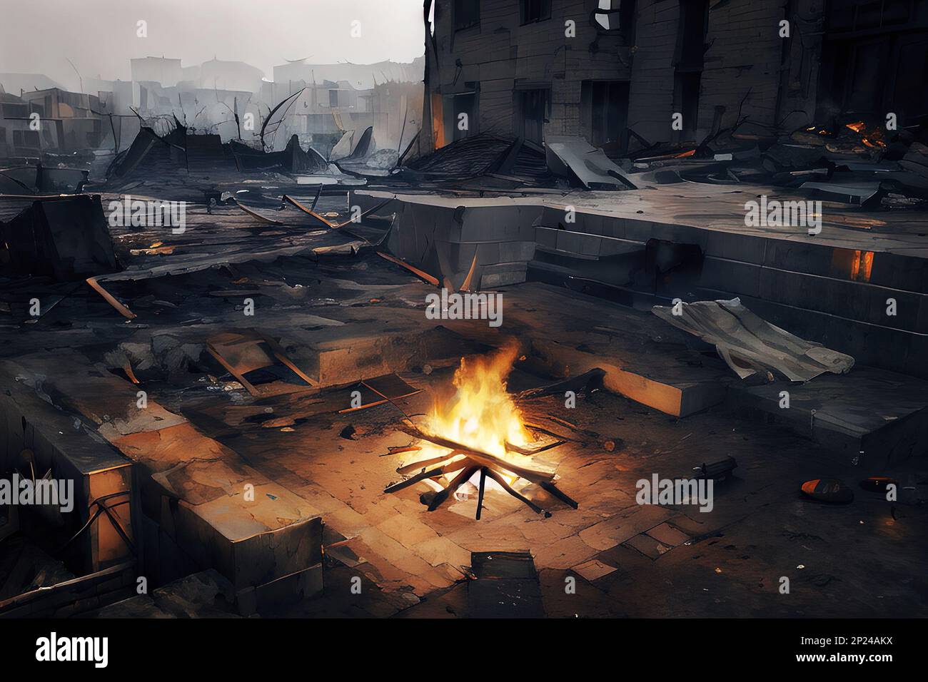 Detailed destruction of fictitious city with fires, explosions, debris