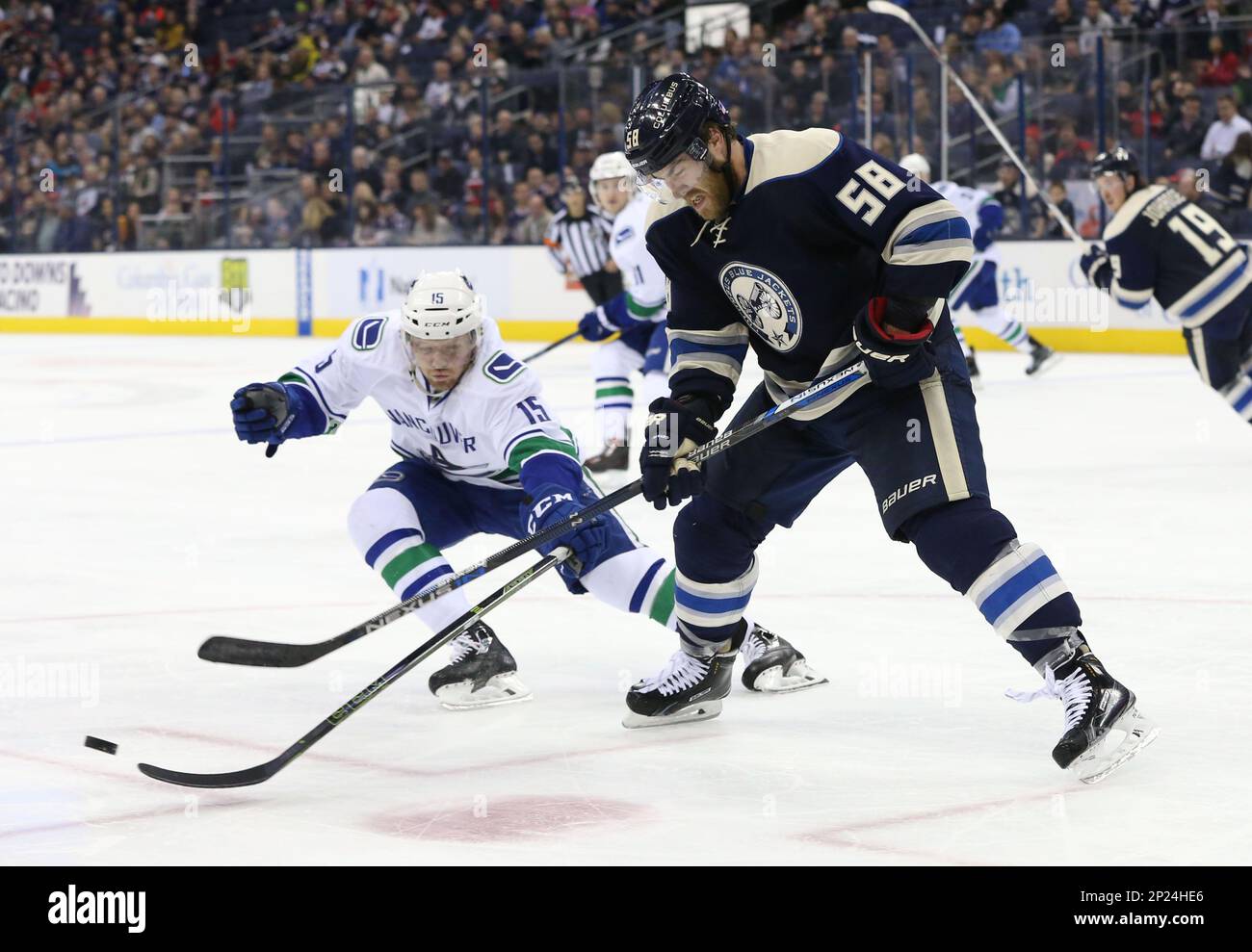 NOV 10, 2015: Columbus Blue Jackets right wing Cam Atkinson (13) wears a  camouflage jersey for Military Appreciation Night during warmups prior to a  NHL game between the Vancouver Canucks and the