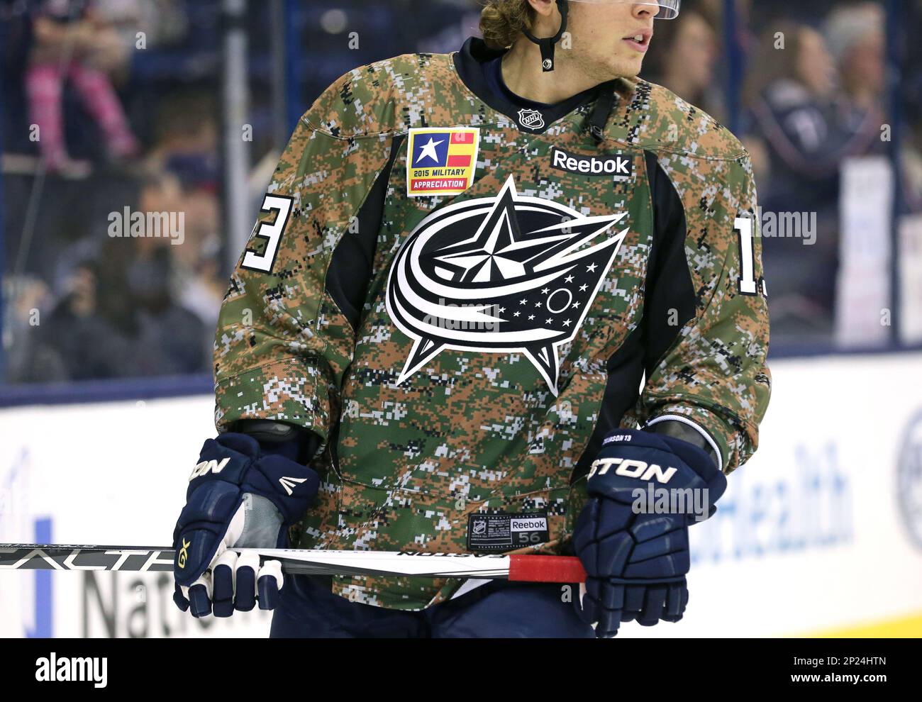 NOV 10, 2015: Columbus Blue Jackets left wing Nick Foligno (71) wears a  camouflage jersey for Military Appreciation Night during warmups prior to a  NHL game between the Vancouver Canucks and the