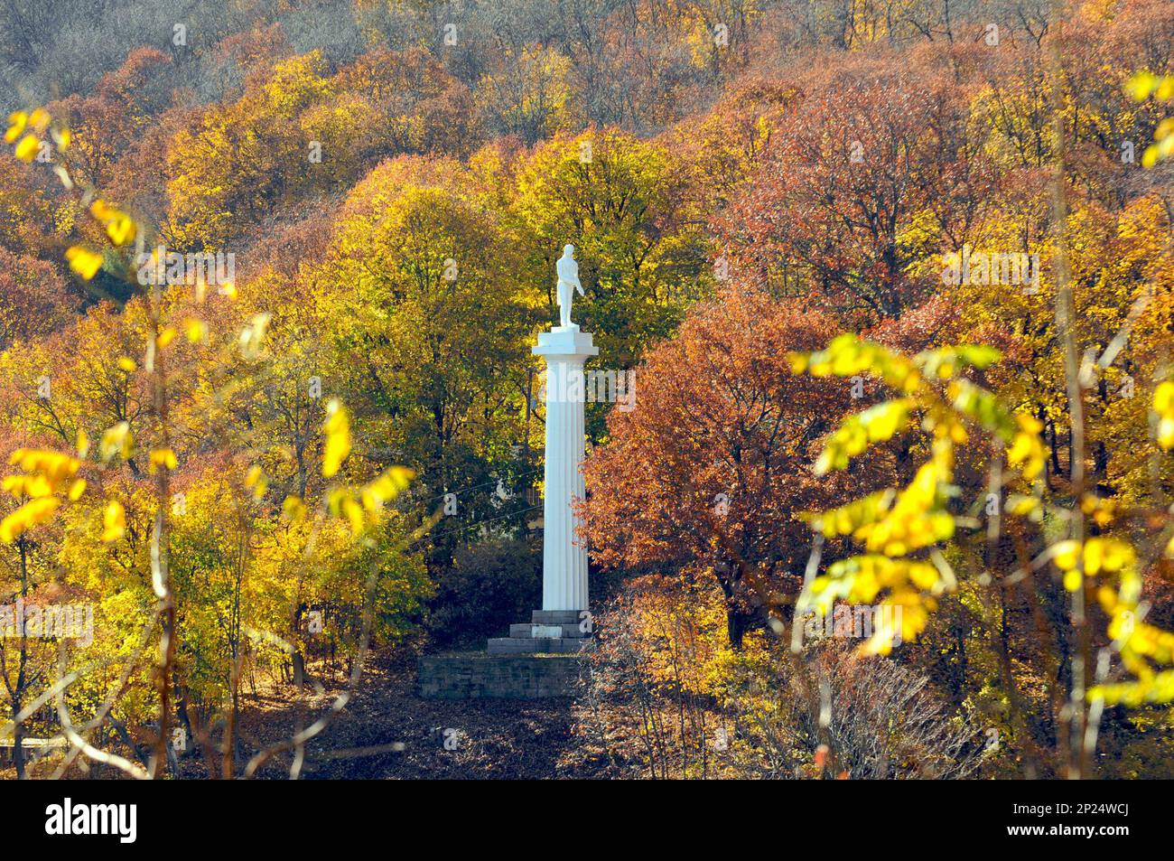 Fall colors surround the Henry Clay statue in Pottsville, Pa., in
