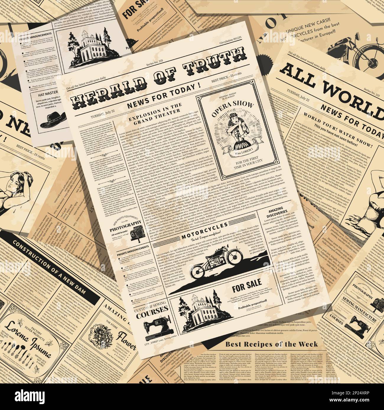 Retro newspaper. Daily news articles yellow newsprint old magazine. Media  newspaper pages. Vintage paper journal vector background Stock Vector