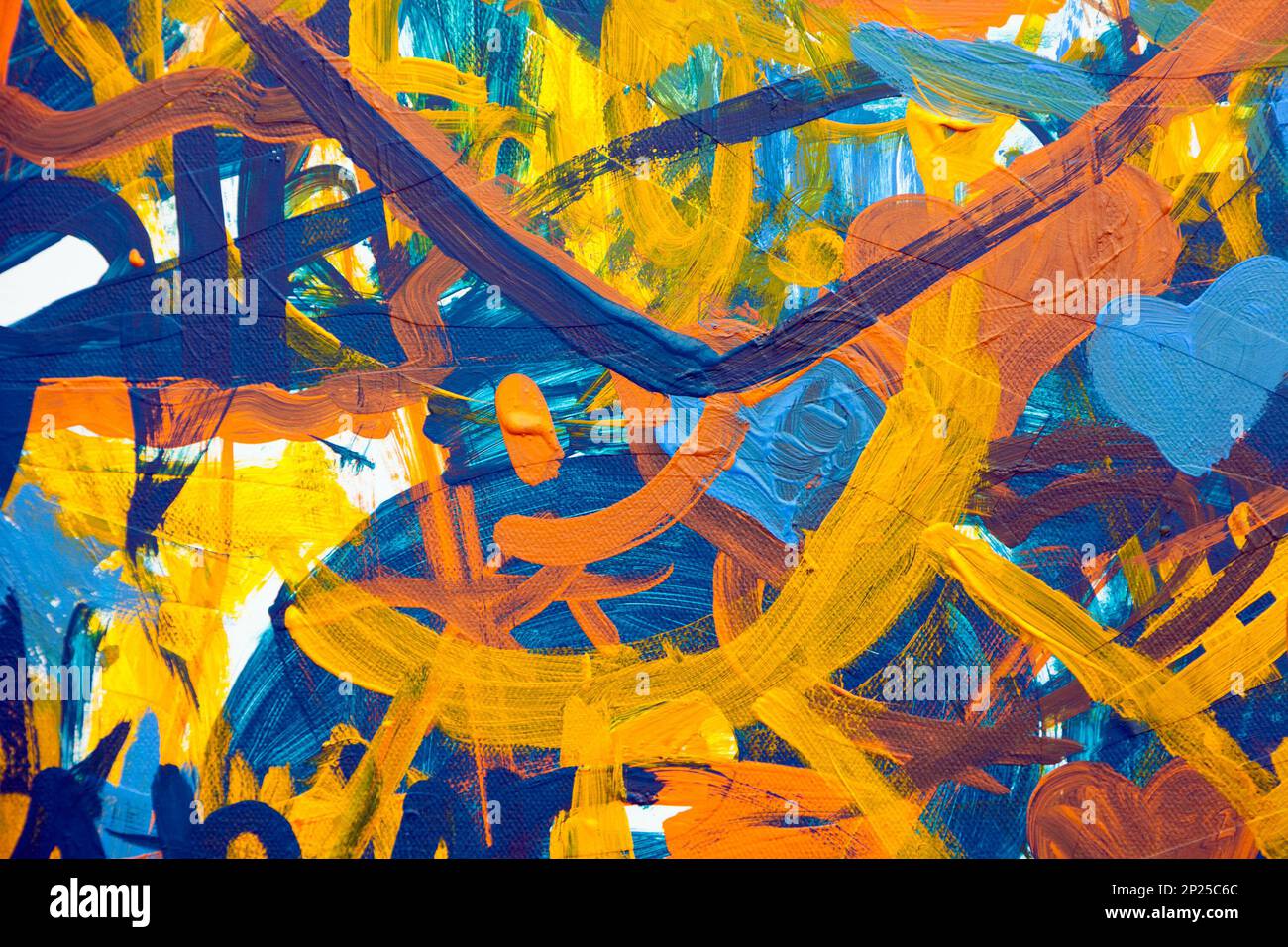 Colorful abstract oil painting made by children. Yellow, orange and blue chaotic brush strokes on a childish drawing. Messy infantile scribble close-u Stock Photo