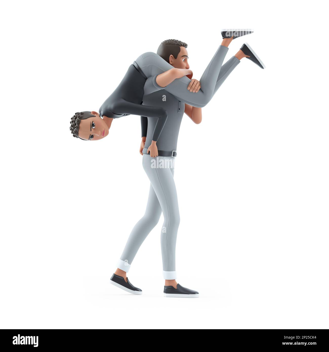 3d character man carrying angry woman on his shoulder, illustration isolated on white background Stock Photo