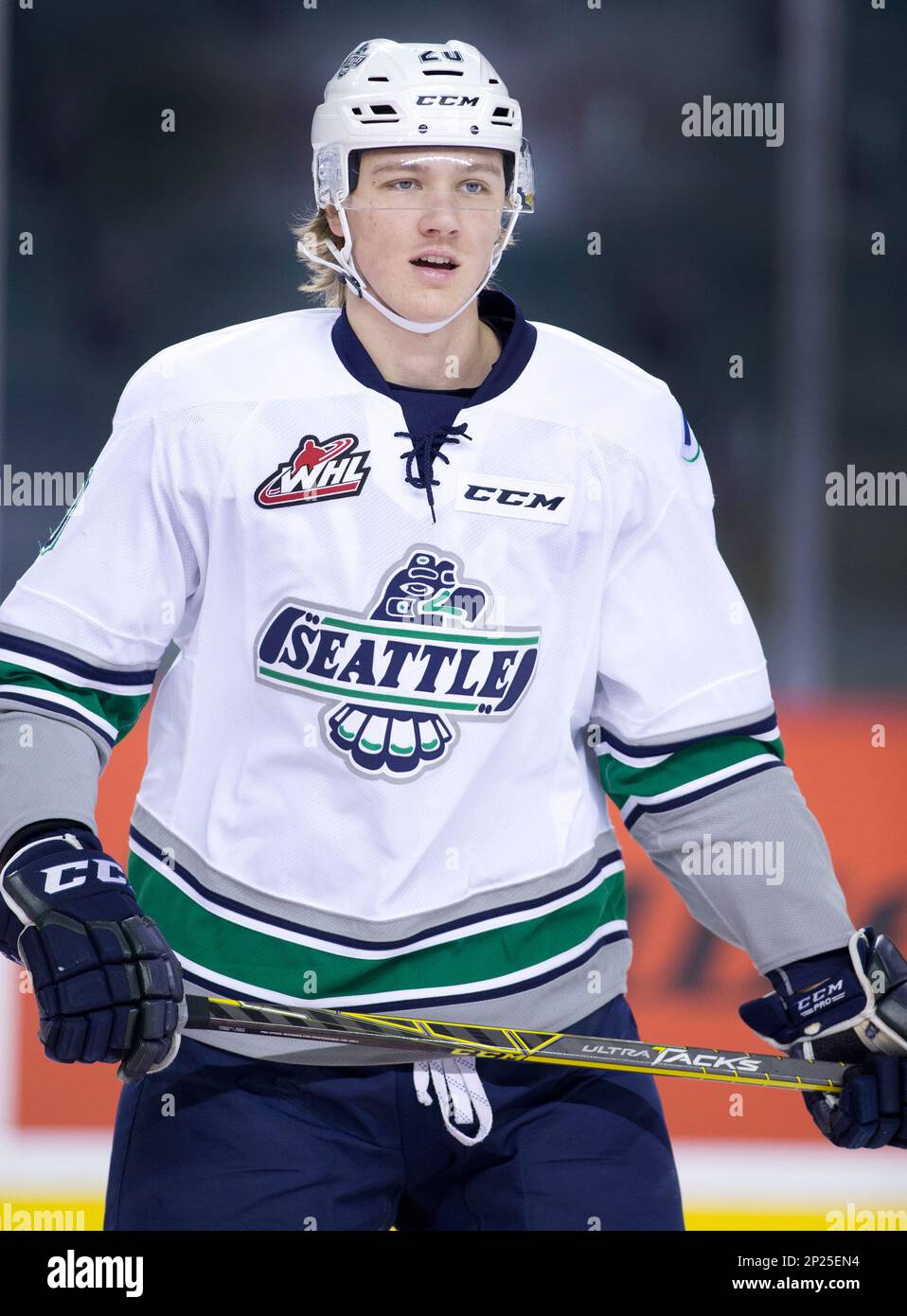 WHL (Western Hockey League) player profile photo on Seattle Thunderbirds Gustav Olhaver, from Sweden, during a WHL hockey game against the Calgary Hitmen in Calgary, Alberta on Nov