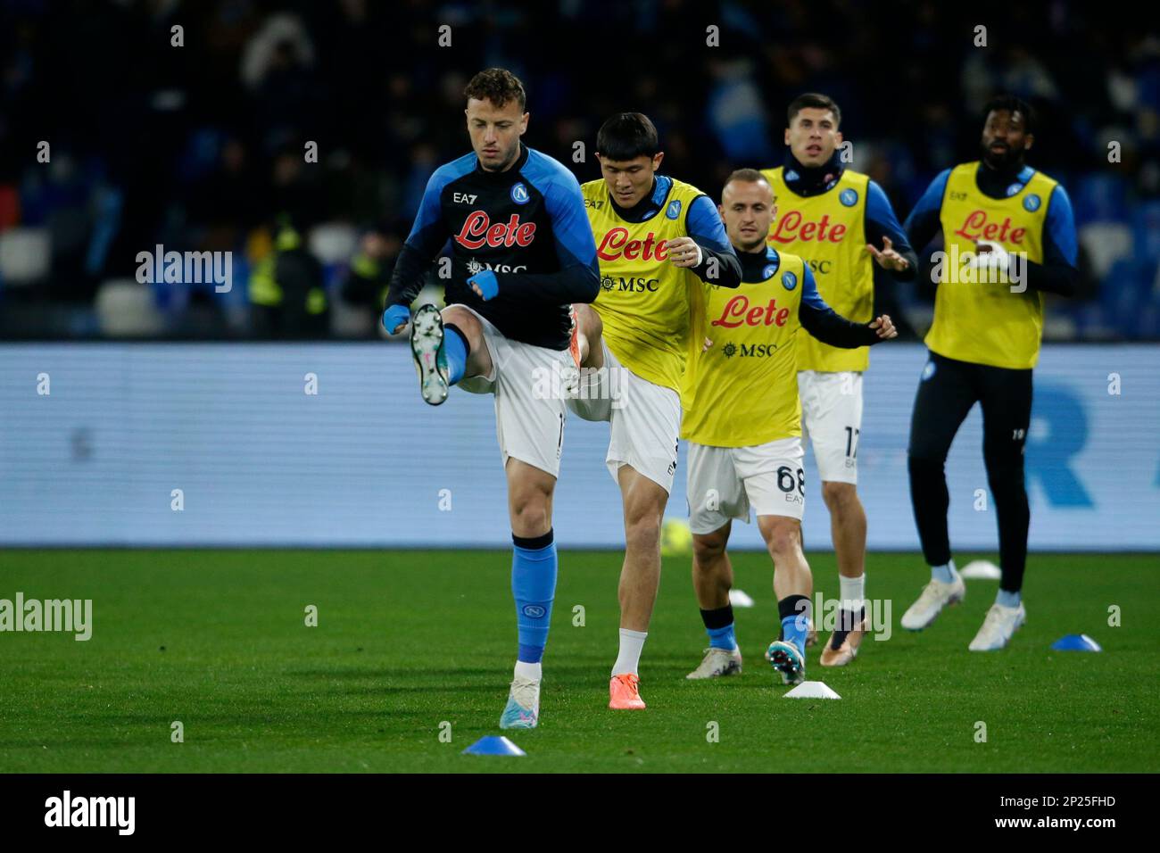 Training SSC Napoli's Kossovari defender Amir Rrahmani  pre-competition  the Serie A football match between SSC Napoli and SS Lazio at the Diego Armando Maradona Stadium in Naples, southern Italy, on March 03, 2023. Stock Photo
