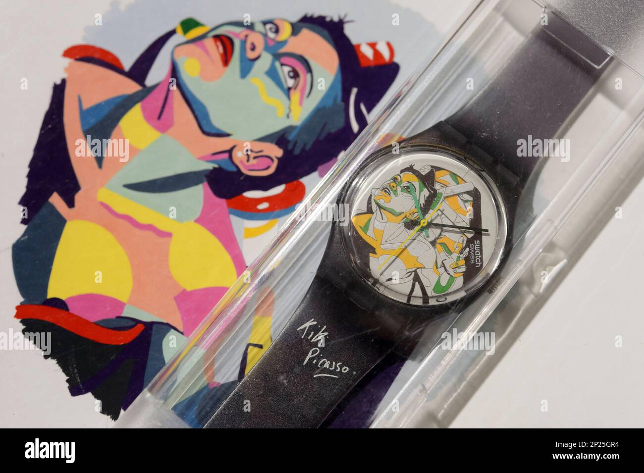 The Swatch watch designed by KiKi Picasso is pictured during a preview at  the Sotheby's, in Geneva, Switzerland, Wednesday, Nov. 4, 2015. Those items  are part of the collection of Marlyse Schmid