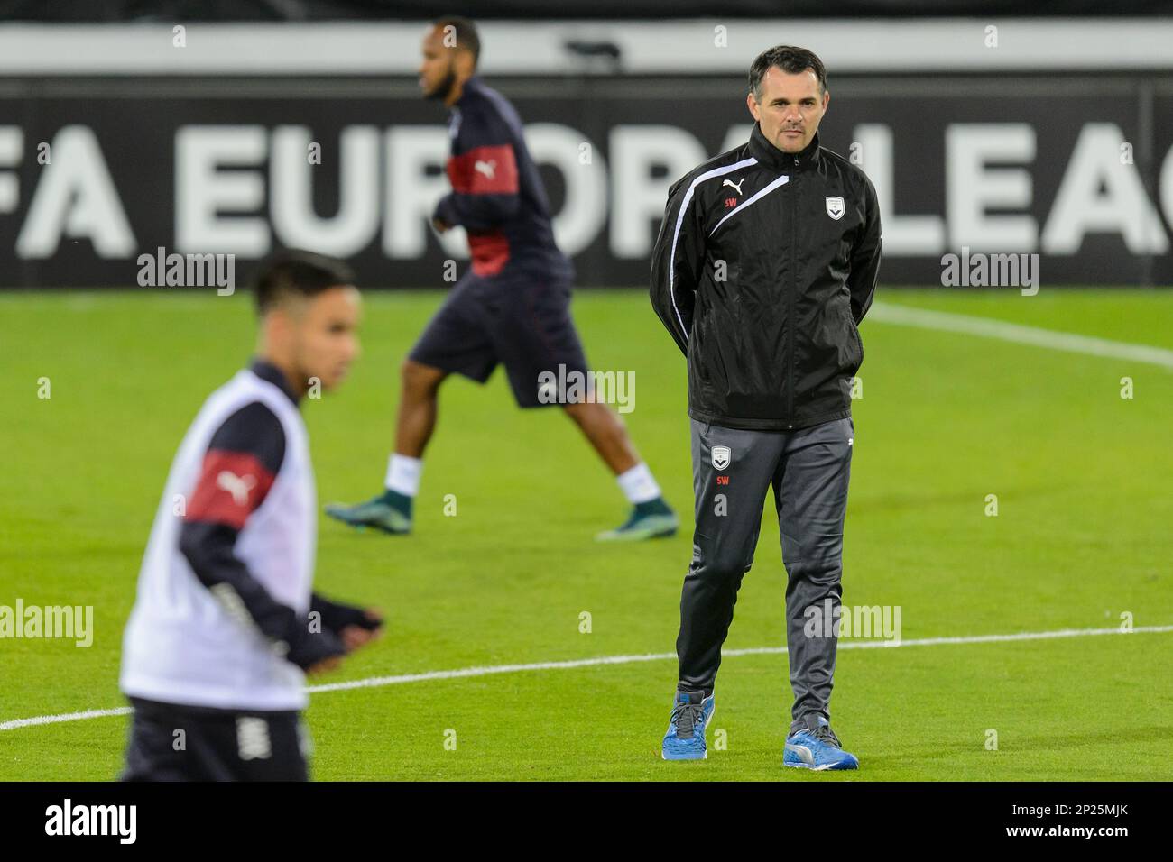 Football Club Girondins de Bordeaux head coach Willy Sagnol during a  training session in Sion, Switzerland, Wednesday, Nov. 4, 2015. FC Sion of  Switzerland will face FC Girondins de Bordeaux of France