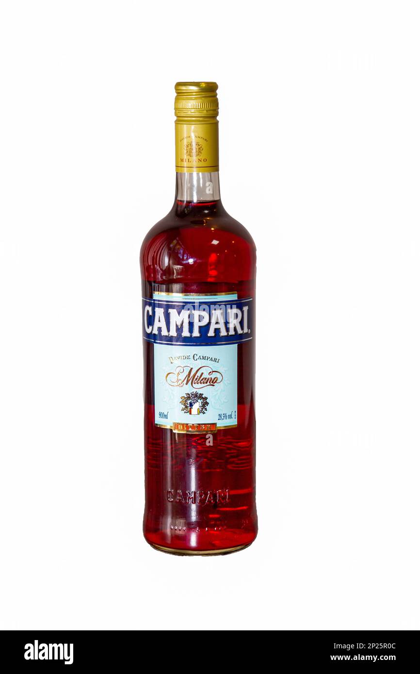 Brasilia DF, Brazil, March 04, 2023: Traditional Campari, bottle isolated in selective focus. Drink Stock Photo
