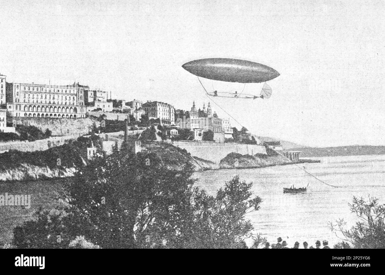 Alberto Santos-Dumont flying in an airship near Monte Carlo. Photo from 1902. Stock Photo