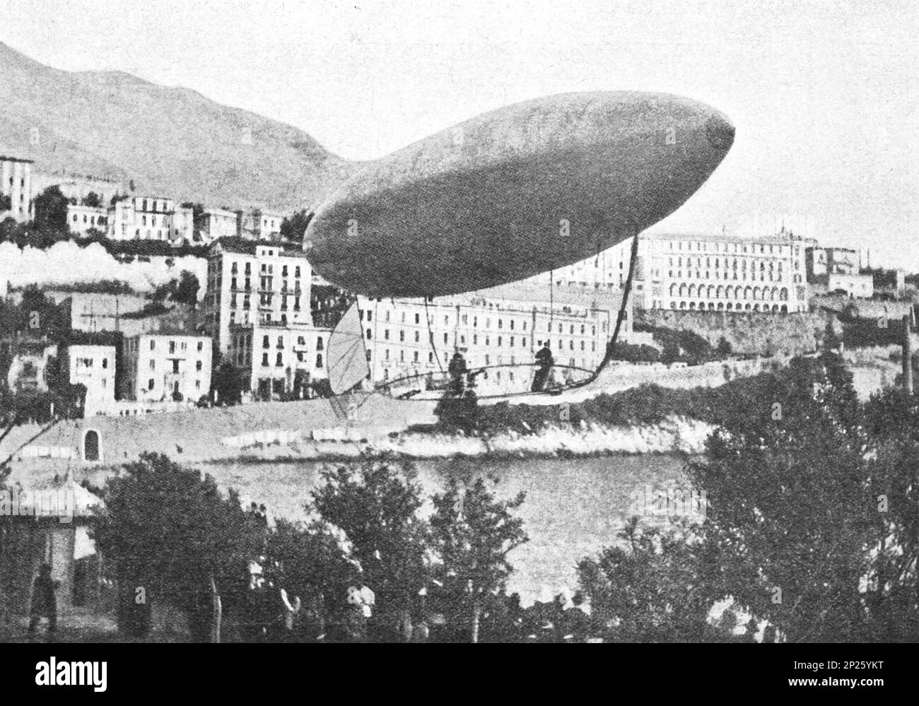 Alberto Santos-Dumont flying in an airship near Monte Carlo. Photo from 1902. Stock Photo