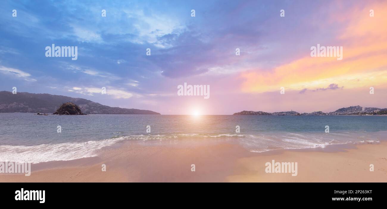 Mexico, Acapulco resort beaches and sunset ocean views near Zona Dorada Golden Beach zone. Stock Photo
