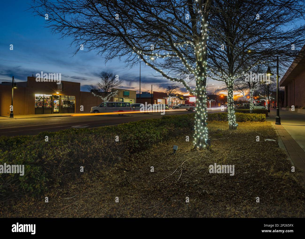 Broadway Street in Hobbs, New Mexico, USA on a winter evening Stock