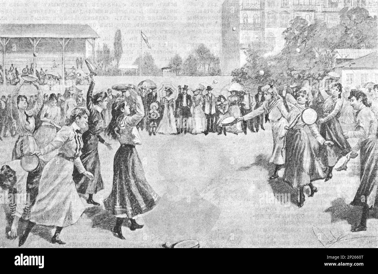 Tambourine game. Competition in the game in the Friedenau Park near Berlin. Early 20th century illustration. Stock Photo