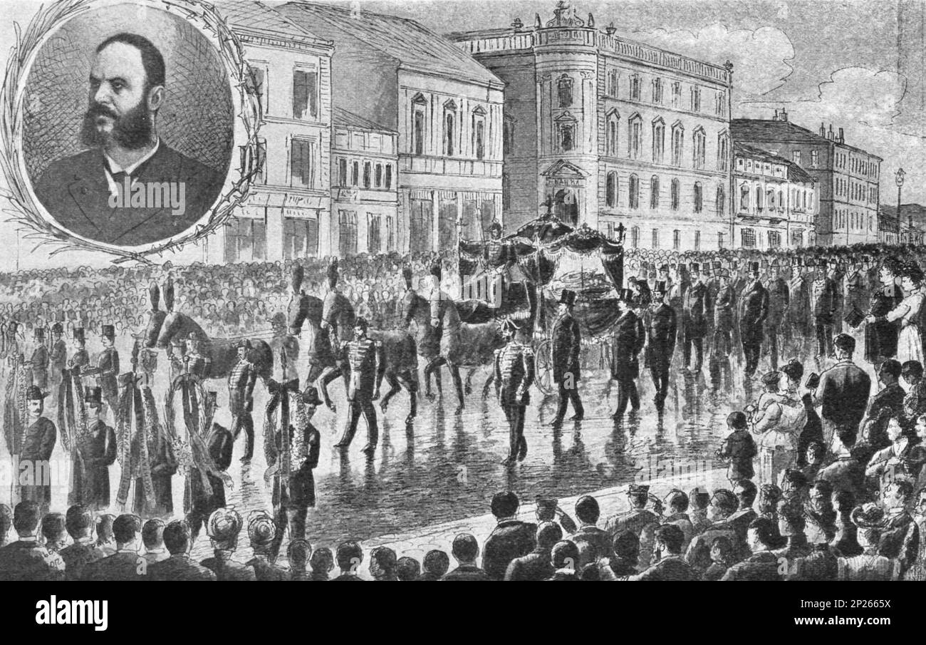 The funeral of Kosta Taushanovich (Kosta Taušanović) - people's fighter and leader of the radical party of Serbia. Illustration from 1902. Stock Photo