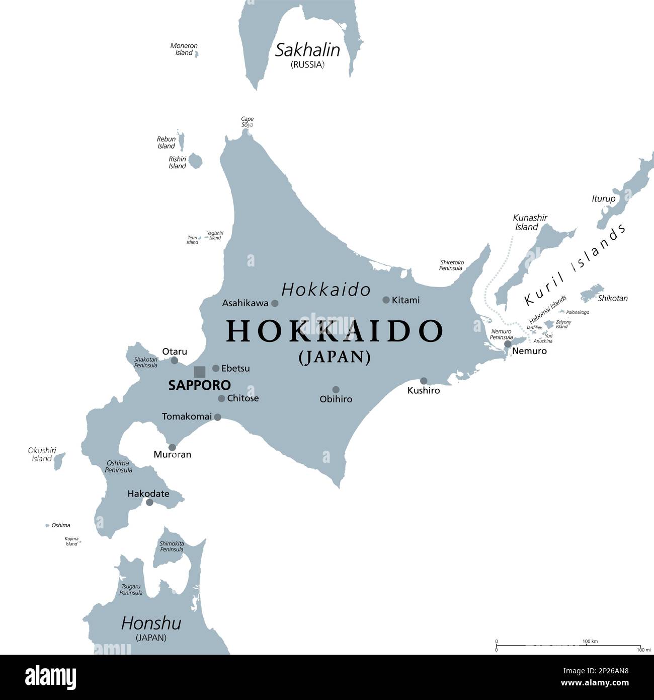 Hokkaido, second largest island of Japan, gray political map, with capital Sapporo. The largest and northernmost prefecture, making up its own region. Stock Photo