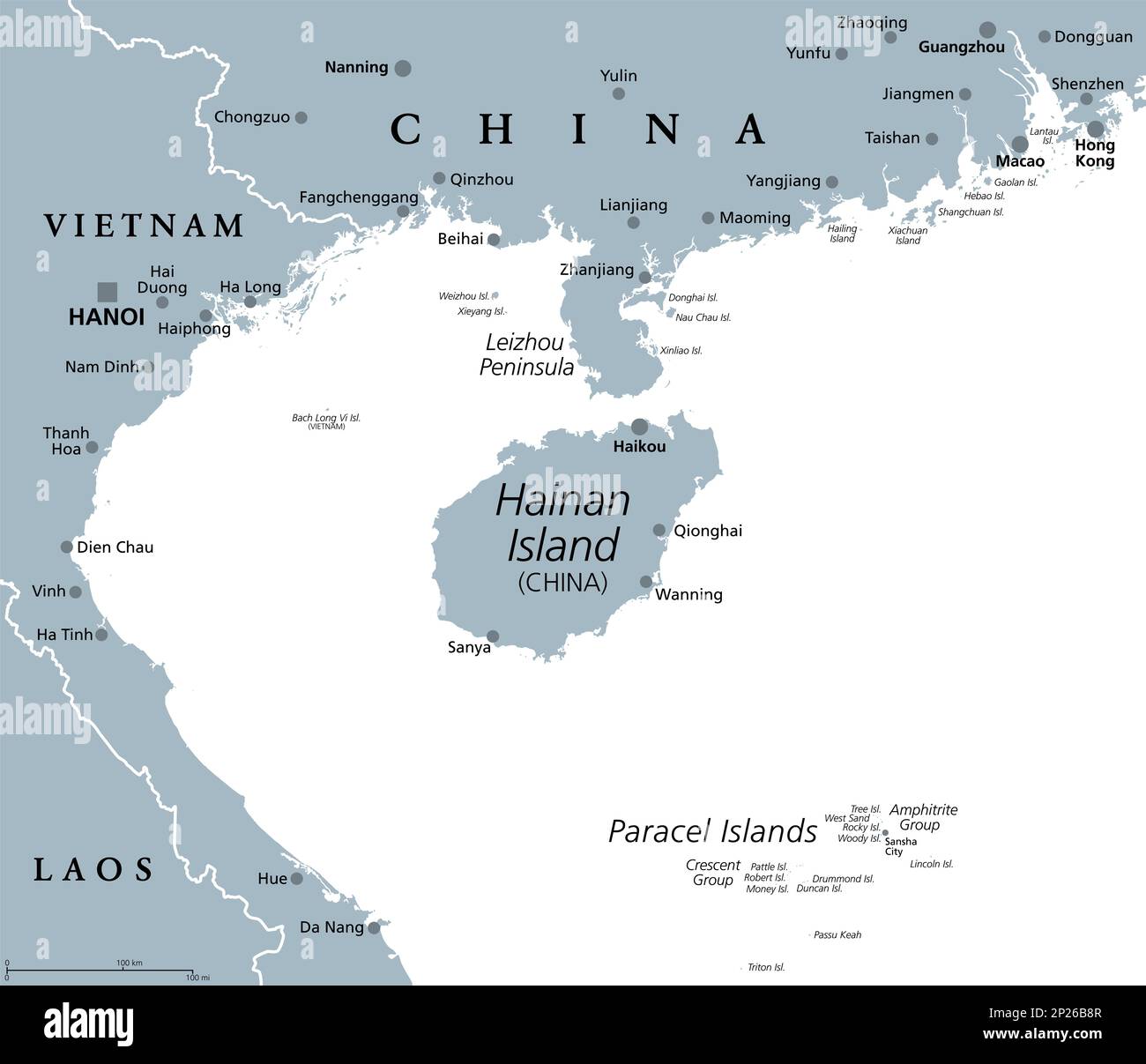 Hainan, southernmost province of China, and surrounding area, gray political map. Hainan Island, and Paracel Islands in the South China Sea. Stock Photo