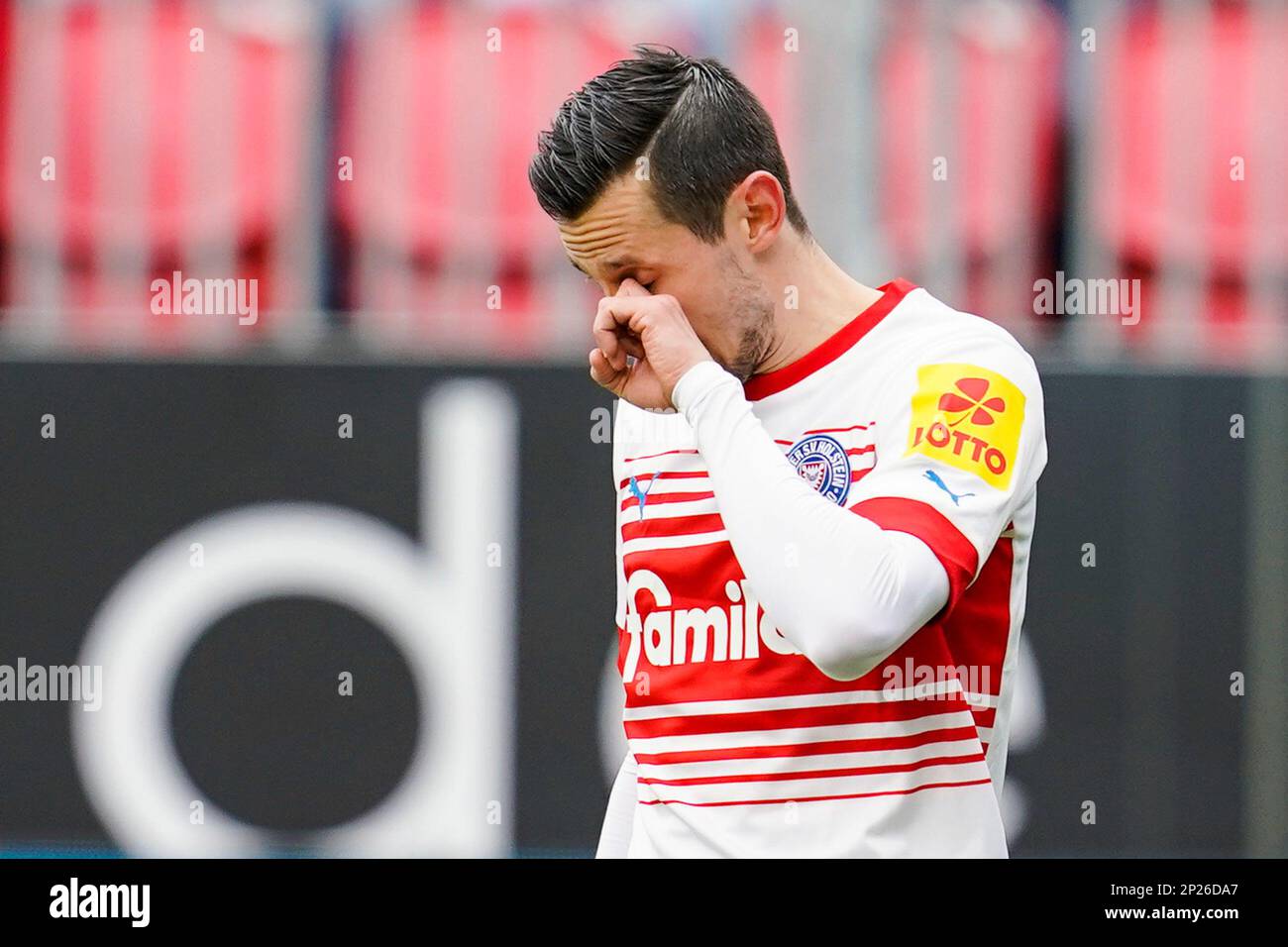 Germany. 04th Mar, 2023. Sandhausen, Germany. 04th Mar, 2023. Soccer: 2. Bundesliga, SV Sandhausen - Holstein Kiel, Matchday 23, BWT-Stadion am Hardtwald. Kiel's Steven Skrzybski reacts. Credit: Uwe Anspach/dpa - IMPORTANT NOTE: In accordance with the requirements of the DFL Deutsche Fußball Liga and the DFB Deutscher Fußball-Bund, it is prohibited to use or have used photographs taken in the stadium and/or of the match in the form of sequence pictures and/or video-like photo series./dpa/Alamy Live News Credit: dpa picture alliance/Alamy Live News Stock Photo