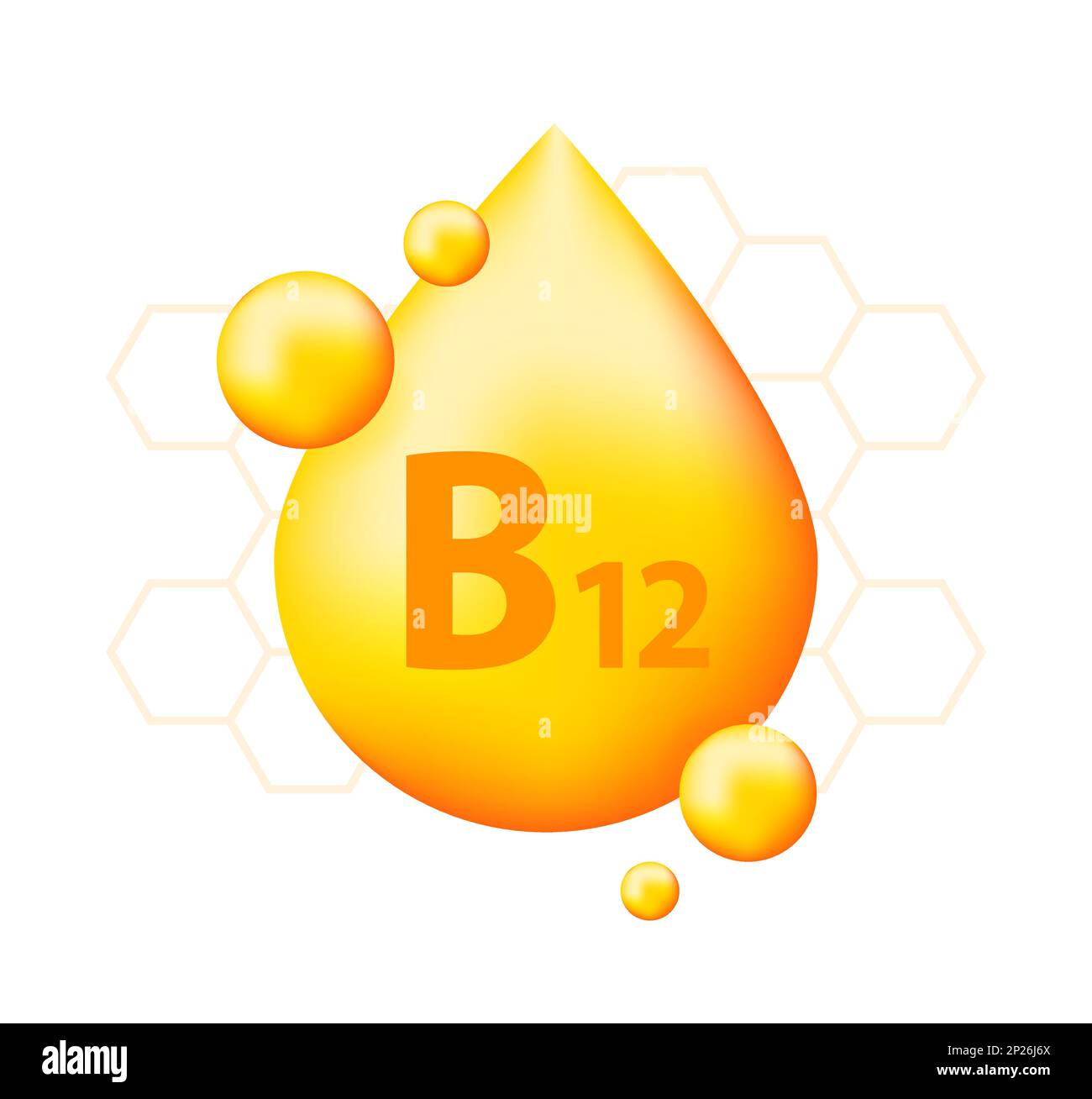 Vitamin B12 with realistic drop. Particles of vitamins in the middle