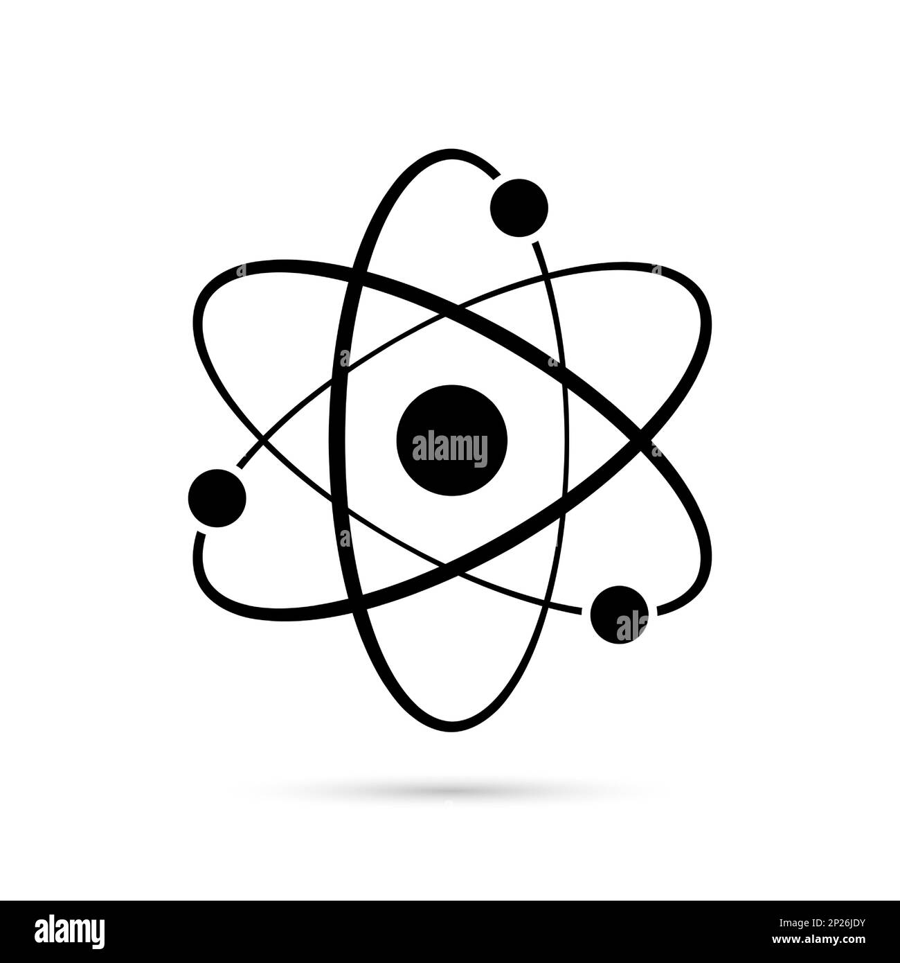 Atom icon. Quantum physics. Black color logo isolated on white background. Medical symbol. Nuclear energy. Molecule structure. Fusion reactor Stock Vector